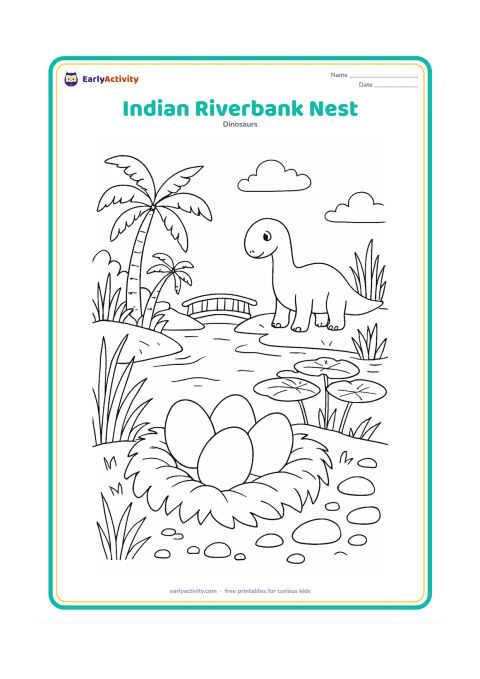 Colouring page: A dinosaur nest with four eggs sits beside a peaceful riverbank with lotus leaves, tall grasses, rounded stones, and palm trees. A gentle parent stands near a simple wooden footbridge in…