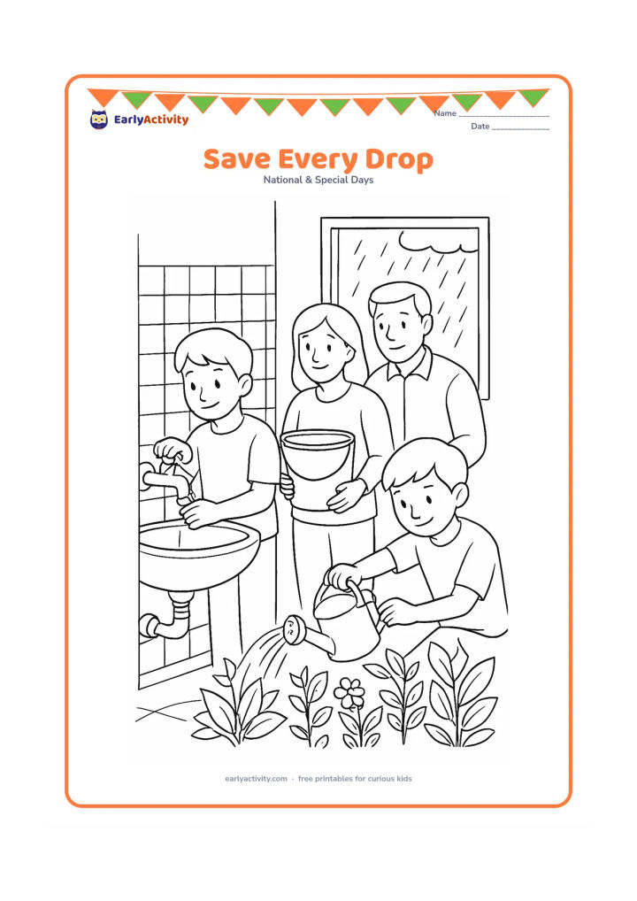 Colouring page: Draw a detailed home water-saving scene with a child turning off a tap, a family collecting rinse water in a bucket and a garden being watered from that bucket. Include pipes, a sink,…