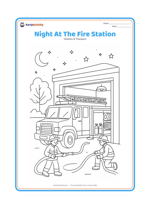 Colouring page: Draw a detailed fire engine parked outside a fire station at night, with firefighters checking a hose and ladder under bright station lights. Add a moon, stars, trees, an open garage and…