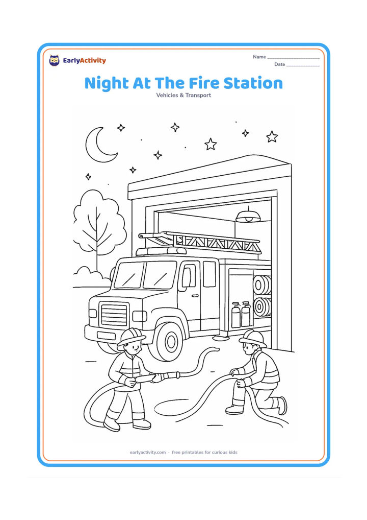 Colouring page: Draw a detailed fire engine parked outside a fire station at night, with firefighters checking a hose and ladder under bright station lights. Add a moon, stars, trees, an open garage and…
