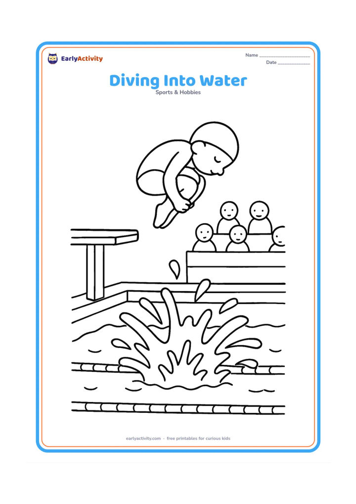 Colouring page: A diver springs from a platform into a swimming pool, with a large splash below, pool lanes and spectators in simple seats behind. Show the diver in a clear tucked pose above the water.