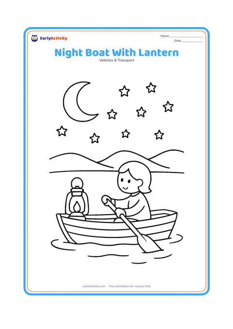 Colouring page: Draw a small wooden boat moving across a quiet lake at night, with one glowing lantern on its bow and a person holding an oar. Add a crescent moon, stars, and distant hills.