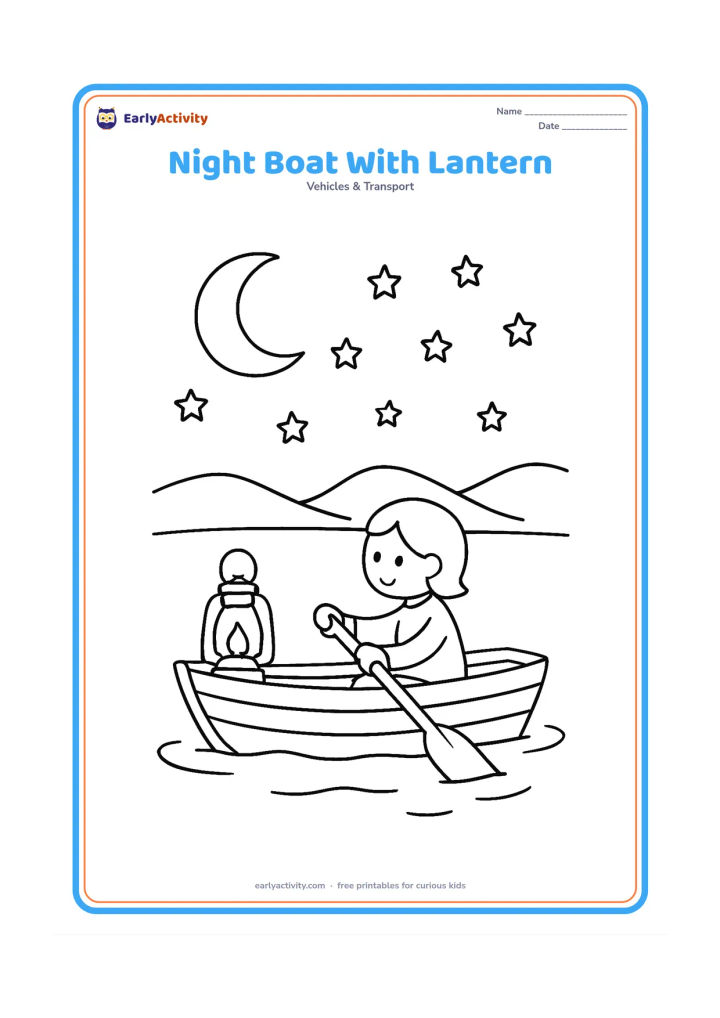 Colouring page: Draw a small wooden boat moving across a quiet lake at night, with one glowing lantern on its bow and a person holding an oar. Add a crescent moon, stars, and distant hills.
