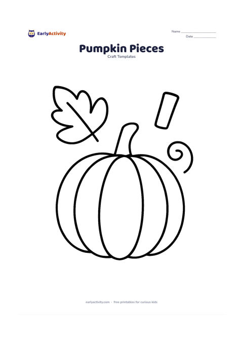 Worksheet: A large pumpkin body sits beside separate oversized leaf, straight stem, and gently curved vine pieces. Arrange each piece with generous gaps so children can colour, cut, and paste them…