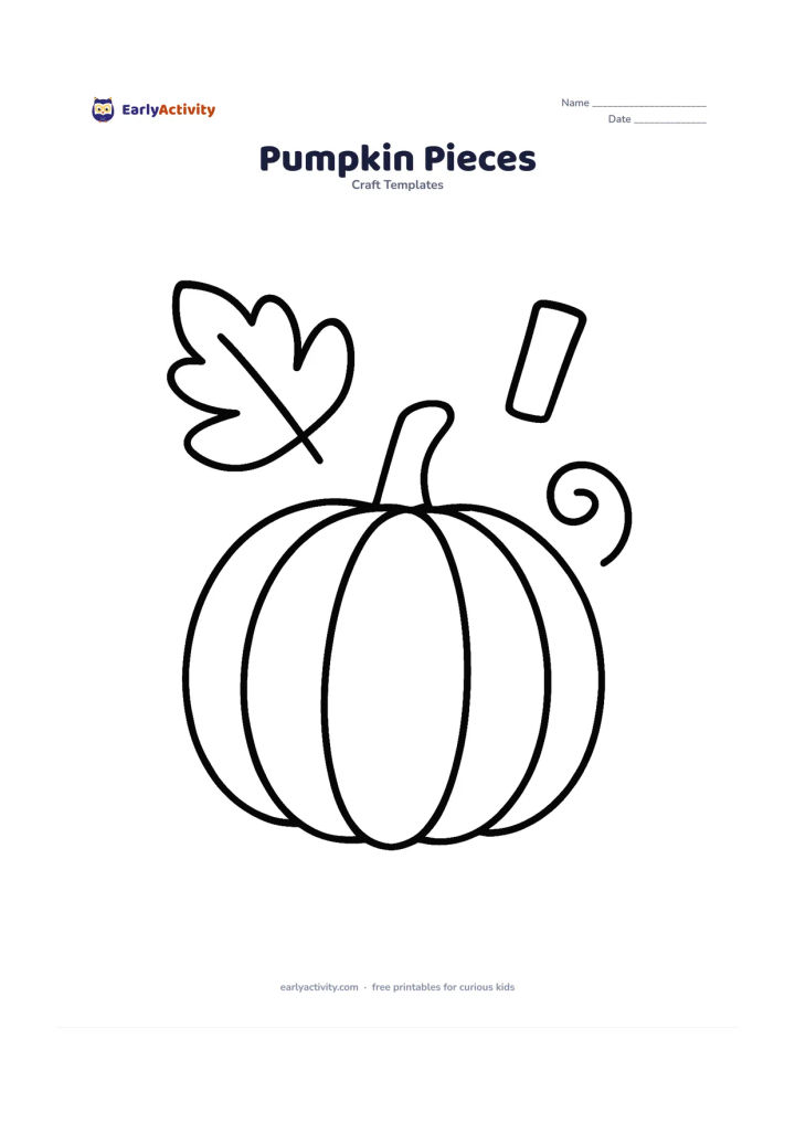 Worksheet: A large pumpkin body sits beside separate oversized leaf, straight stem, and gently curved vine pieces. Arrange each piece with generous gaps so children can colour, cut, and paste them…