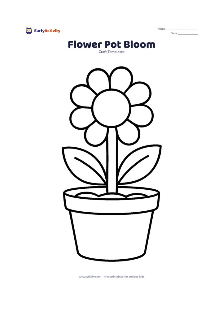 Worksheet: One large round-petaled flower growing from a wide, plain flowerpot, with a thick stem and two big leaves. Add only three large curved soil lines inside the pot.