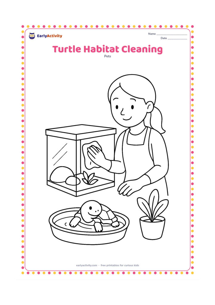 Colouring page: An adult carefully cleans the outside of a pet turtle habitat with a cloth while the turtle rests safely in a nearby shallow container. Include a water dish and one plant.