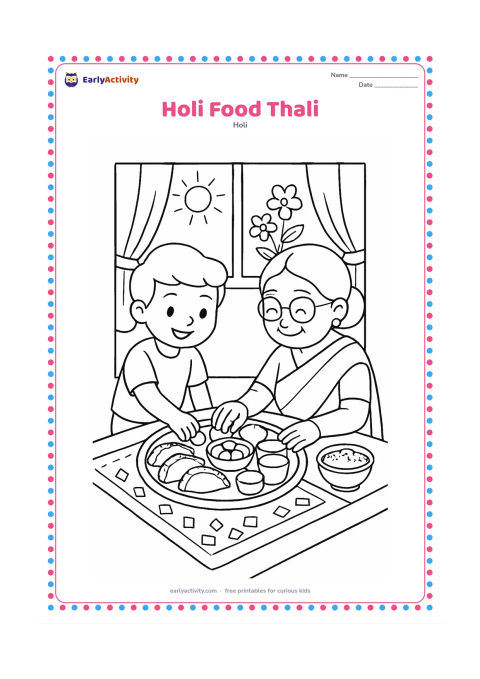 Colouring page: A child and grandparent sit at a low table arranging a festive thali with gujiya, fruit, cups and a bowl of gulal set aside. Add a patterned cloth and a sunny window with flowers.