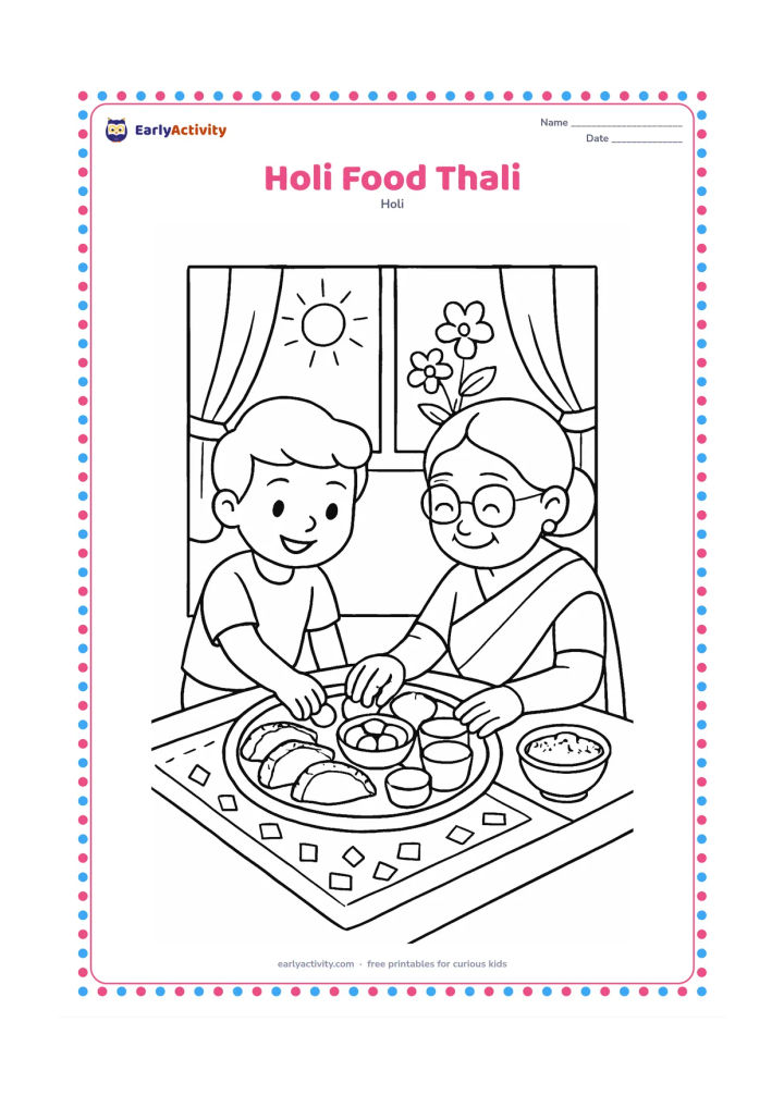 Colouring page: A child and grandparent sit at a low table arranging a festive thali with gujiya, fruit, cups and a bowl of gulal set aside. Add a patterned cloth and a sunny window with flowers.