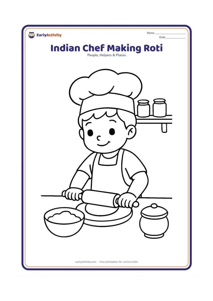 Colouring page: A child chef wearing an apron and hat rolls a round roti on a chakla with a belan. Show a bowl of flour, a small covered container, and a simple Indian kitchen shelf with spice jars that…