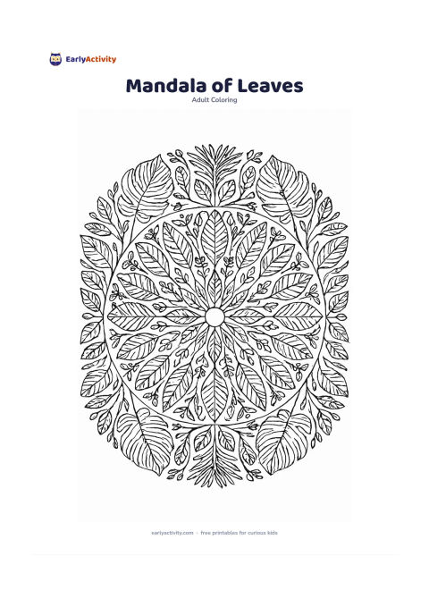 Colouring page: A circular symmetrical design built from repeated tropical and local leaves around a simple centre, with alternating rings of veins, seed pods, small flowers and curved stems. Keep all…