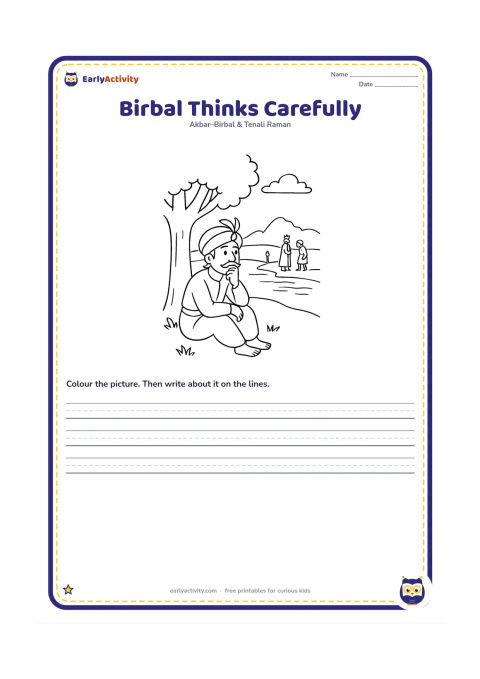 Printable: Show Birbal seated beneath a tree with one hand on his chin, looking thoughtfully toward the lake and distant lamp. Akbar and the poor man can appear as small background figures.