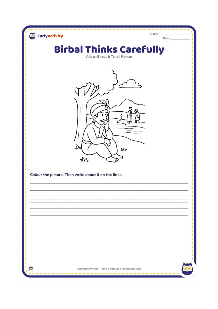 Printable: Show Birbal seated beneath a tree with one hand on his chin, looking thoughtfully toward the lake and distant lamp. Akbar and the poor man can appear as small background figures.