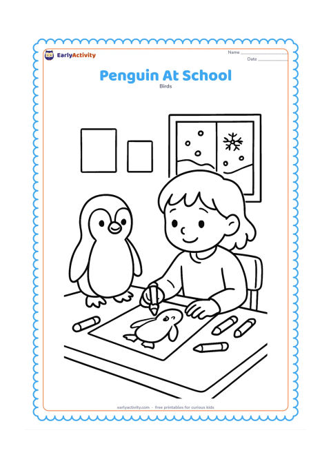 Colouring page: Draw a penguin beside a seated child at a classroom art table, where the child is colouring a blank penguin picture. Add crayons, a blank sheet, a window showing snow, and a few plain…