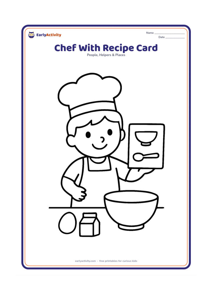 Colouring page: A child chef holds a blank recipe card with simple picture symbols such as a bowl and spoon, while standing beside a mixing bowl and ingredients. The card must contain no letters,…