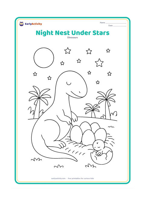 Colouring page: A protective dinosaur parent curls beside a nest of five eggs under a star-filled sky. Add a bright moon, silhouettes of cycads, textured ground, and a small hatchling asleep beside a…
