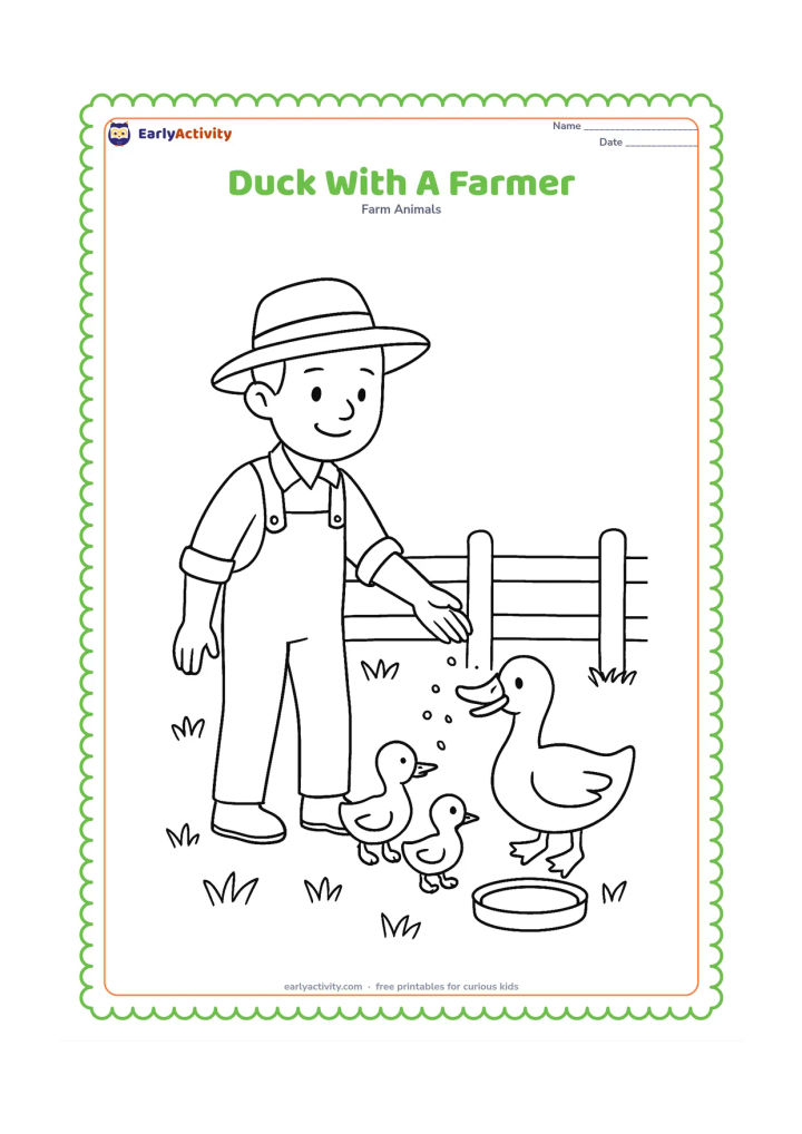 Colouring page: A smiling farmer in simple everyday clothing gently scatters feed while a duck and two ducklings approach. Place them in a farmyard with a low fence, a water dish and grass.