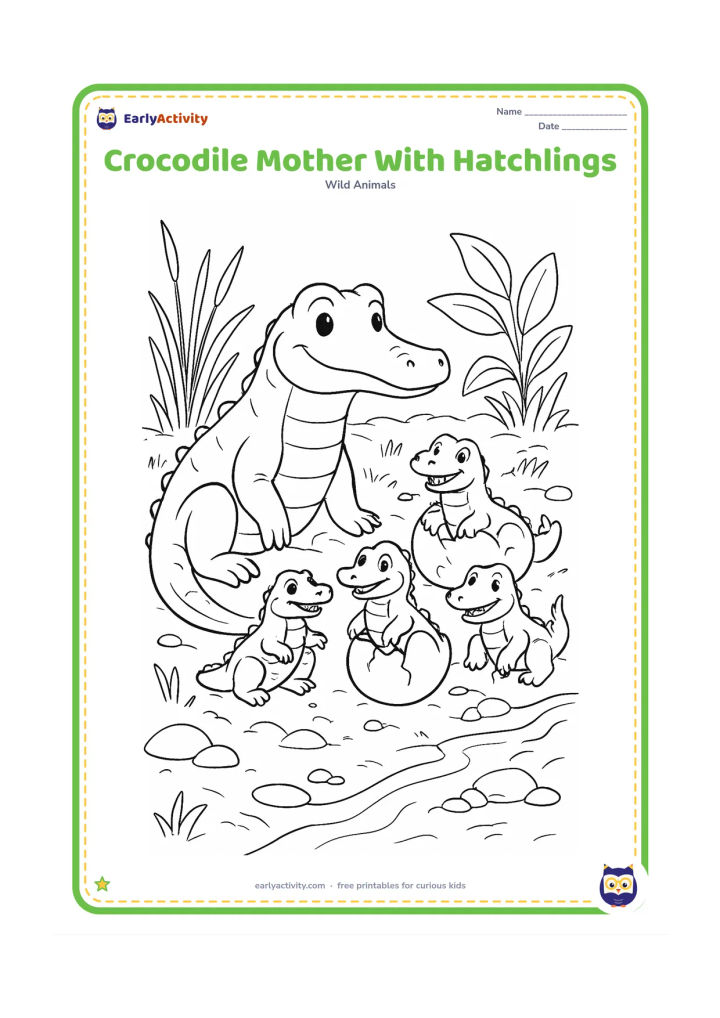 Colouring page: Draw a mother crocodile beside a nest as several baby crocodiles emerge from cracked eggs and gather near her. Set the scene on a richly textured riverbank with reeds, leaves, pebbles,…