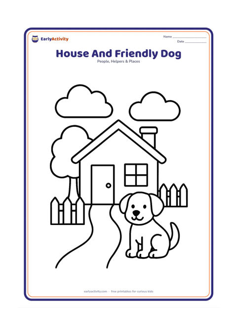 Colouring page: Draw a house with a front door, windows, path and fence while a friendly dog sits beside the gate. Add a tree and two large clouds behind the home.