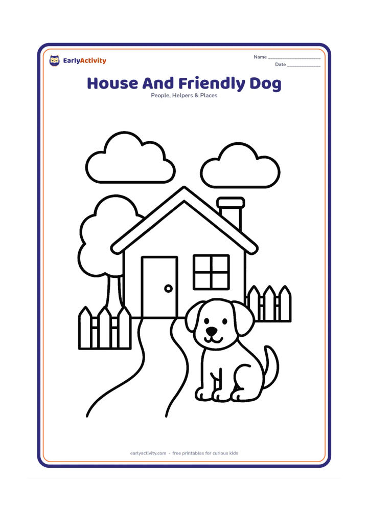 Colouring page: Draw a house with a front door, windows, path and fence while a friendly dog sits beside the gate. Add a tree and two large clouds behind the home.