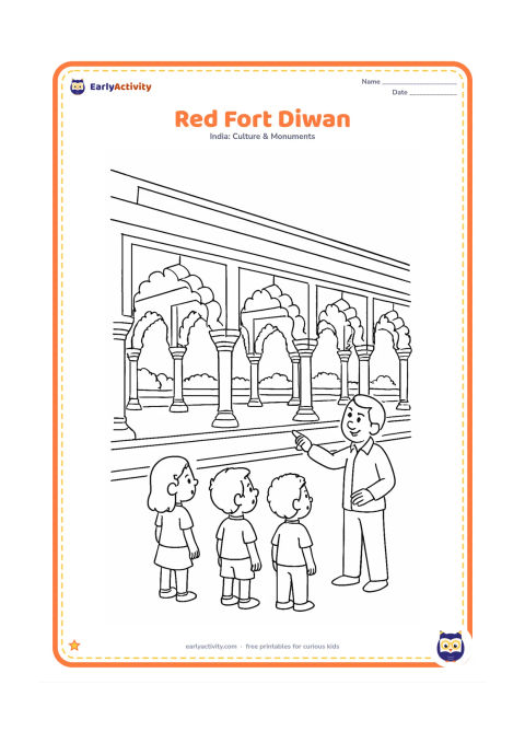 Colouring page: Show the Red Fort's Diwan-i-Aam with its long row of pillars, scalloped arches and raised platform. Include a guide pointing toward the empty hall while three children observe, with…