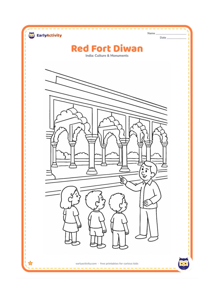 Colouring page: Show the Red Fort's Diwan-i-Aam with its long row of pillars, scalloped arches and raised platform. Include a guide pointing toward the empty hall while three children observe, with…