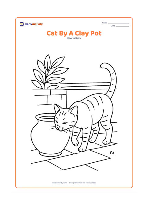 Worksheet: Draw a detailed standing cat sniffing a clay water pot in an Indian courtyard, with one paw lifted, arched neck, curved tail, striped legs, and short fur marks. Add a low wall, leafy…