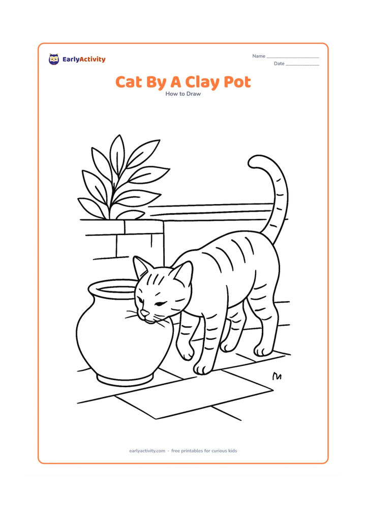 Worksheet: Draw a detailed standing cat sniffing a clay water pot in an Indian courtyard, with one paw lifted, arched neck, curved tail, striped legs, and short fur marks. Add a low wall, leafy…