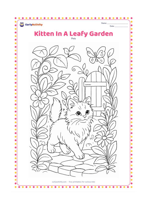 Colouring page: A long-haired kitten walks along a garden path surrounded by layered leaves, flowers and curling stems. Add a stone border, a wooden gate and a butterfly in the distance.