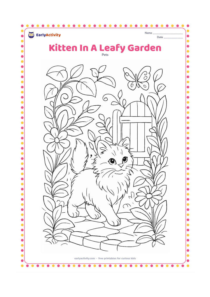 Colouring page: A long-haired kitten walks along a garden path surrounded by layered leaves, flowers and curling stems. Add a stone border, a wooden gate and a butterfly in the distance.