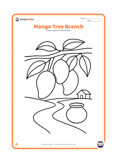 Colouring page: Draw a thick mango tree branch with three large mangoes and broad leaves hanging over a simple village path. Add a small clay pot beneath the branch.