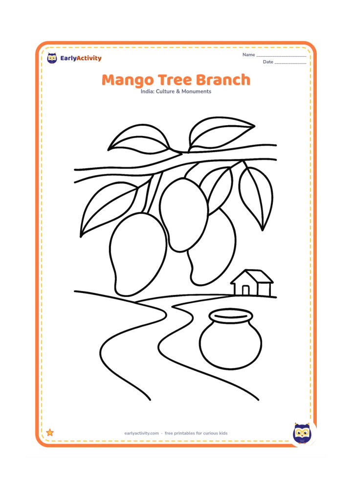 Colouring page: Draw a thick mango tree branch with three large mangoes and broad leaves hanging over a simple village path. Add a small clay pot beneath the branch.