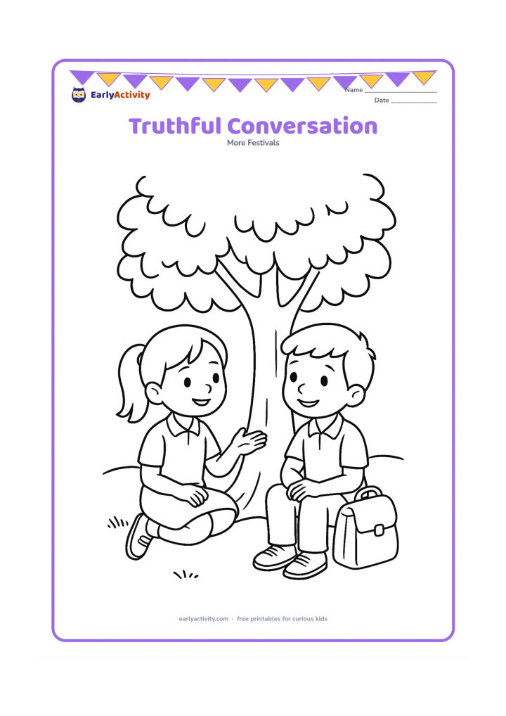 Colouring page: Draw two schoolchildren sitting beneath a tree and listening honestly to each other, with one child holding an open empty hand and a schoolbag resting nearby.