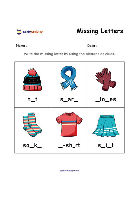 Worksheet showing six clothing pictures with incomplete words for hat, scarf, gloves, socks, T-shirt and skirt.