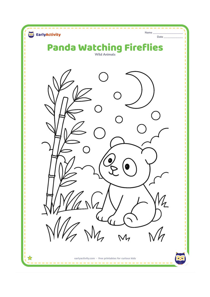 Colouring page: Draw a panda sitting in an evening forest clearing and looking at several glowing fireflies represented by empty circular shapes. Add bamboo, grass and a crescent moon.