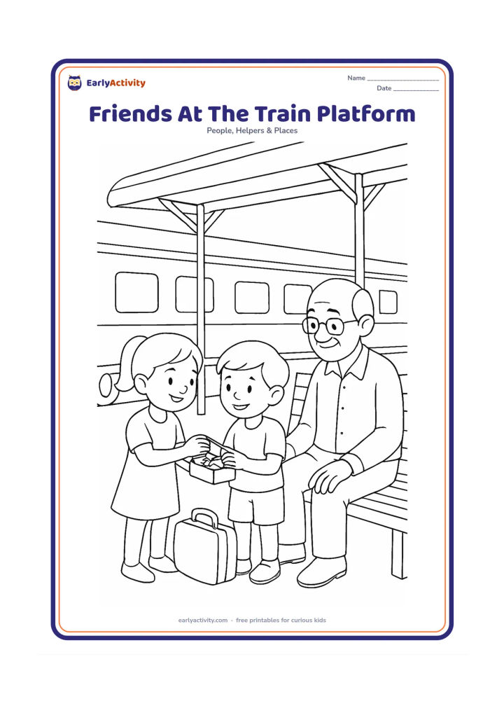 Colouring page: Two children and a grandparent wait together on a quiet Indian railway platform, with one child sharing a snack box with the other. Include a stationary train side, a bench, a luggage…