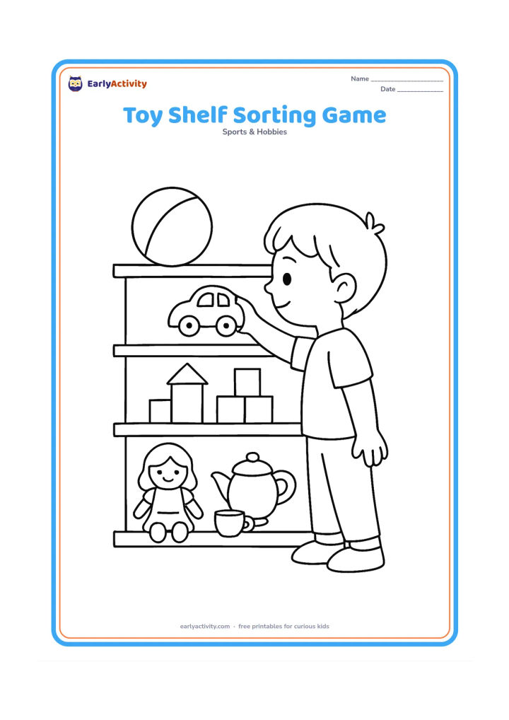 Colouring page: A child sorts toys onto three low shelves: rolling toys such as cars and balls, building toys such as blocks, and pretend-play toys such as dolls and a tea set. Show the groups through…