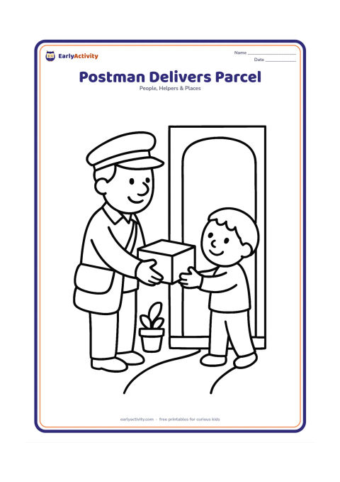 Colouring page: A friendly postman hands a plain parcel to a child at the doorway of a family home, with a mailbag, potted plant and simple path. The parcel and bag must have no labels, letters or symbols.