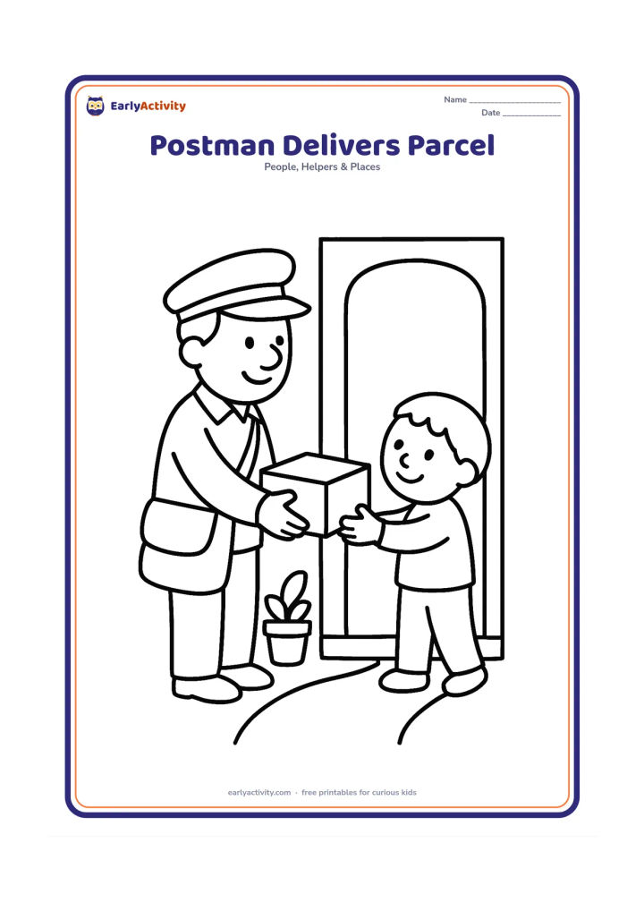 Colouring page: A friendly postman hands a plain parcel to a child at the doorway of a family home, with a mailbag, potted plant and simple path. The parcel and bag must have no labels, letters or symbols.