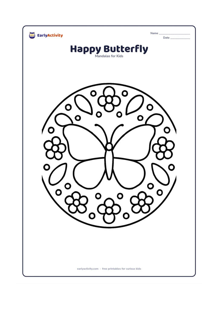 Colouring page: A symmetrical circular mandala with one large butterfly at the centre, surrounded by repeated simple wing shapes, dots and rounded flowers. The butterfly should face forward with open…