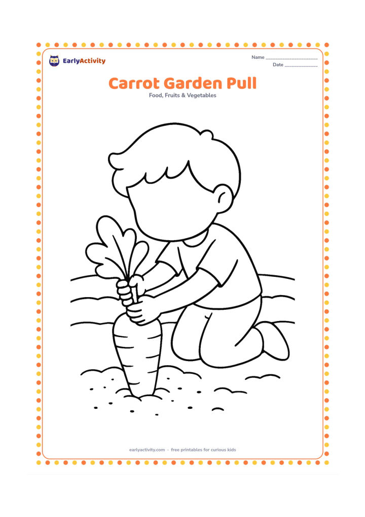 Colouring page: Show a child gently pulling a large carrot from loose soil while the leafy top remains in the child's hands. Include two simple garden rows and no facial details.
