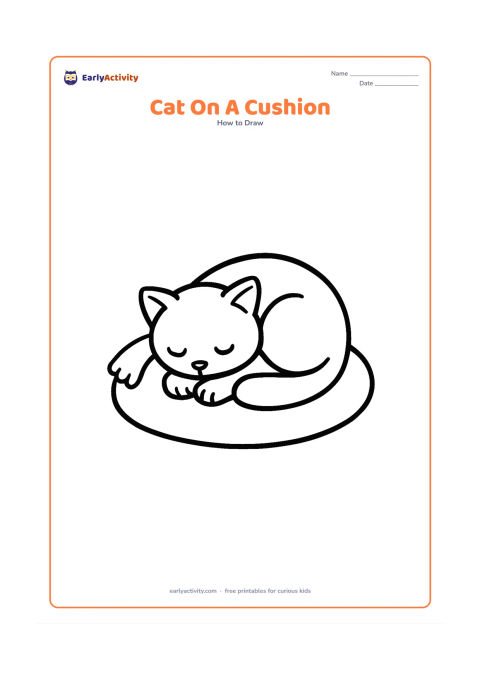 Worksheet: Draw a curled cat resting on a plump cushion, with its head tucked toward its body, paws gathered underneath, and tail wrapped around the front. Add a small blanket edge behind the cushion.
