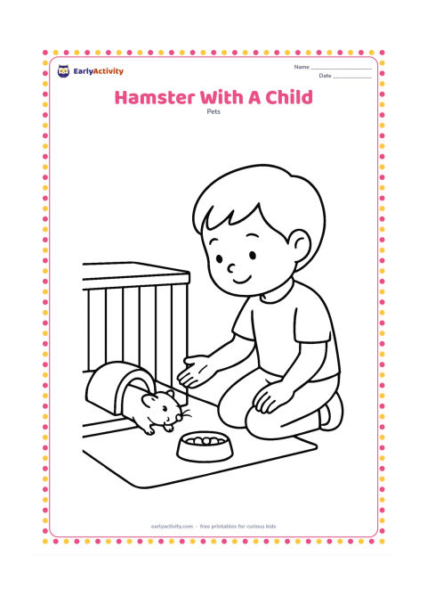 Colouring page: A child kneels beside an open playpen while a hamster explores a tunnel inside it, with the child offering a flat hand near but not touching the animal. Include a mat, food dish and…