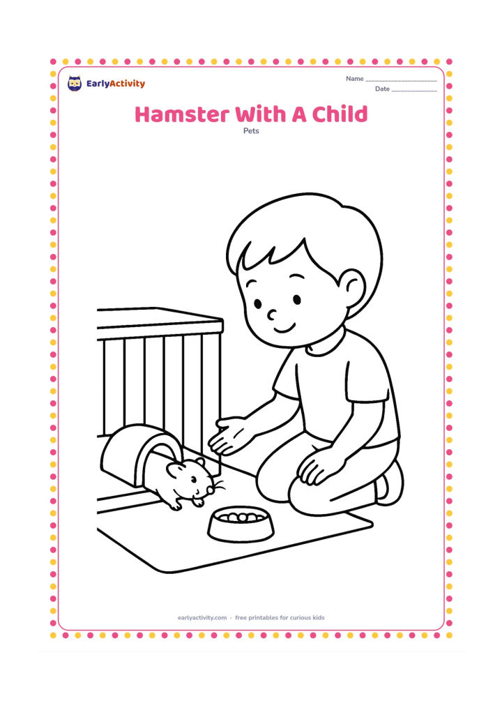 Colouring page: A child kneels beside an open playpen while a hamster explores a tunnel inside it, with the child offering a flat hand near but not touching the animal. Include a mat, food dish and…