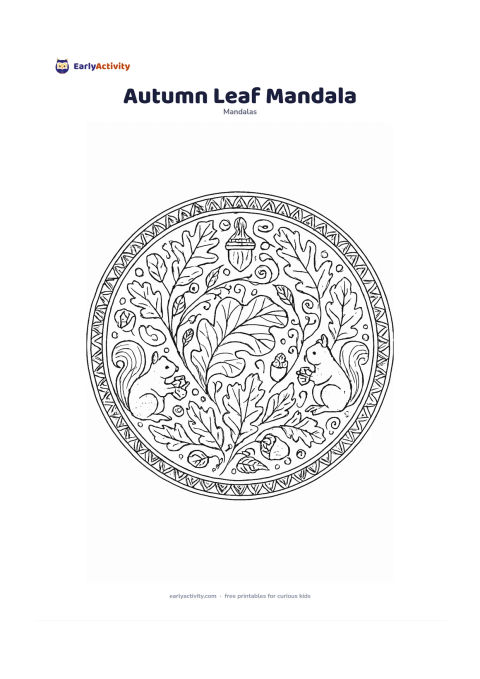 Colouring page: Create a circular mandala with a large curled leaf at the centre, surrounded by oak-like leaves, seed pods, acorns, swirling wind lines and layered seasonal borders. Add two squirrels…