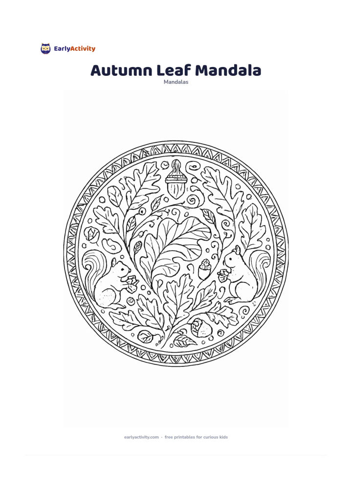 Colouring page: Create a circular mandala with a large curled leaf at the centre, surrounded by oak-like leaves, seed pods, acorns, swirling wind lines and layered seasonal borders. Add two squirrels…