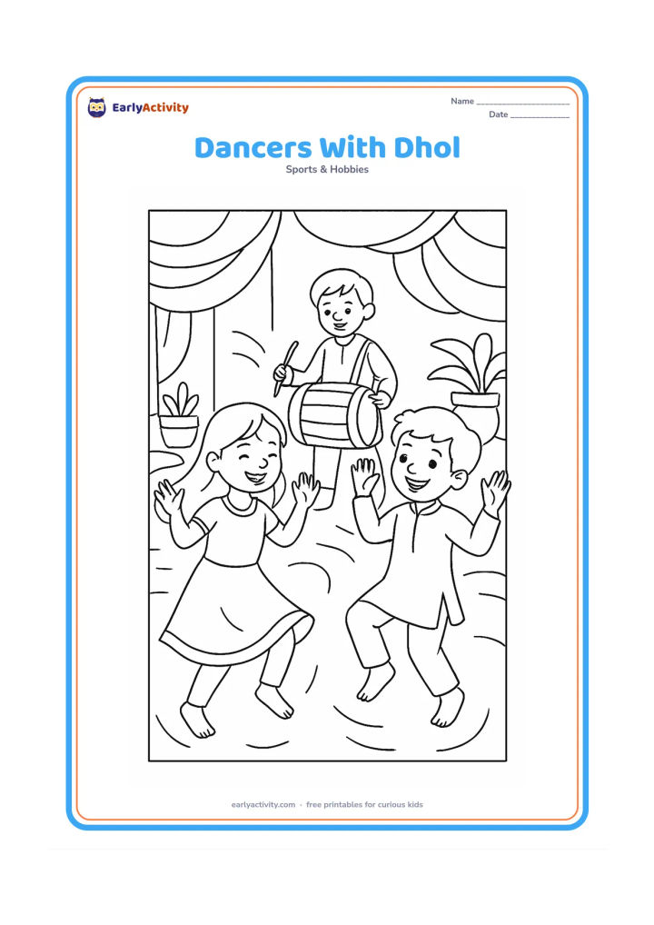 Colouring page: Draw two friends dancing in front of a large dhol drum played by a third child. Set the scene in a lively outdoor courtyard with hanging fabric, potted plants and curved movement lines.