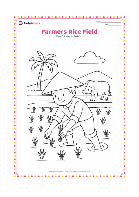 Colouring page: Draw a farmer planting rice seedlings in a flooded field, wearing a broad hat and rolled trousers. Add neat rows of seedlings, a small water buffalo near the field edge, a palm tree and…