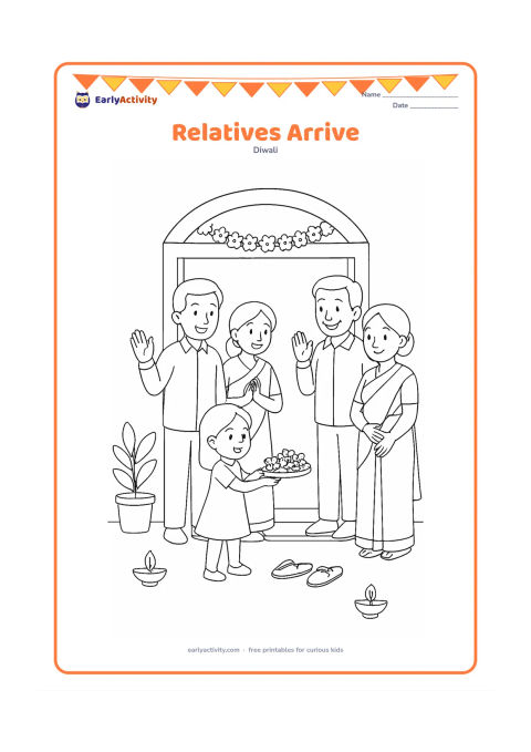 Colouring page: Draw a family greeting two visiting relatives at the entrance to a home, with a child offering a small tray of flowers. Add a decorated doorway, sandals near the threshold, and two diyas.