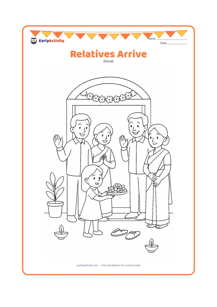 Colouring page: Draw a family greeting two visiting relatives at the entrance to a home, with a child offering a small tray of flowers. Add a decorated doorway, sandals near the threshold, and two diyas.